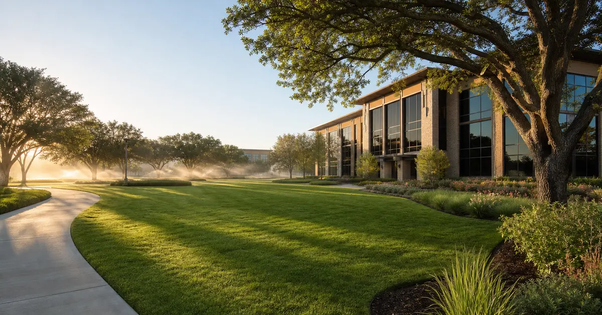Healthy DFW commercial landscape after an irrigation inspection