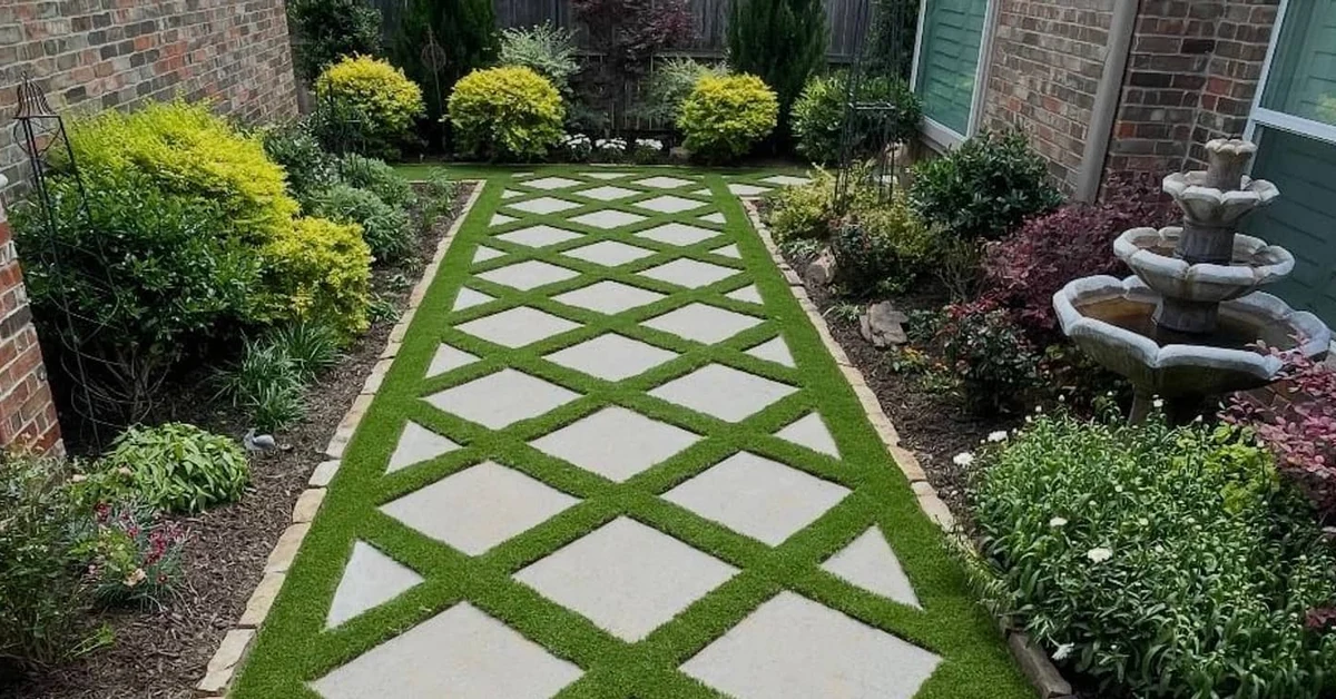 Finished landscaped courtyard with geometric paving and planting beds