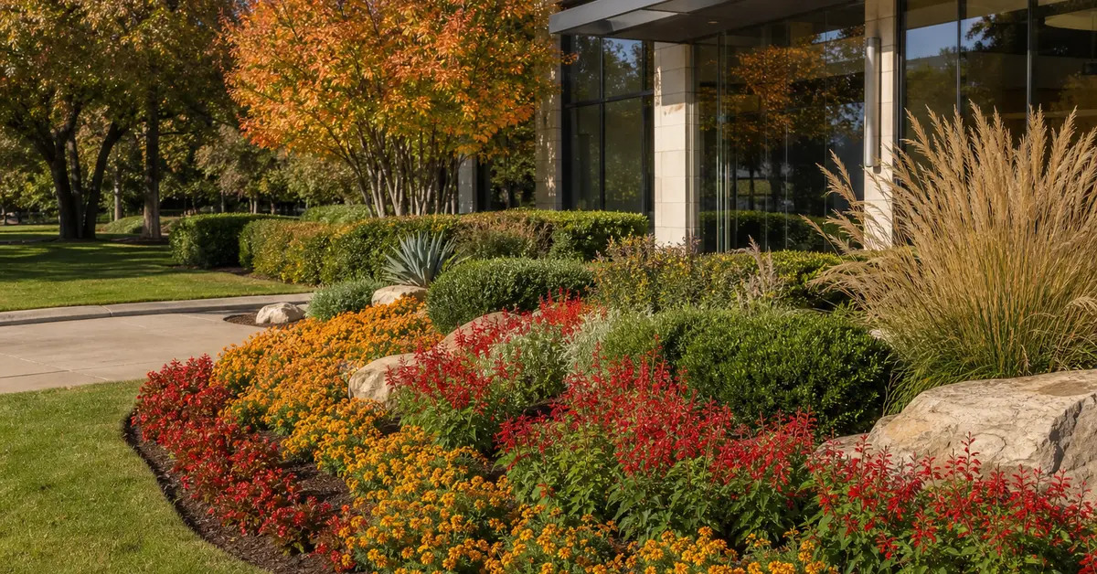Finished DFW commercial entrance with bold seasonal color beds and maintained shrubs