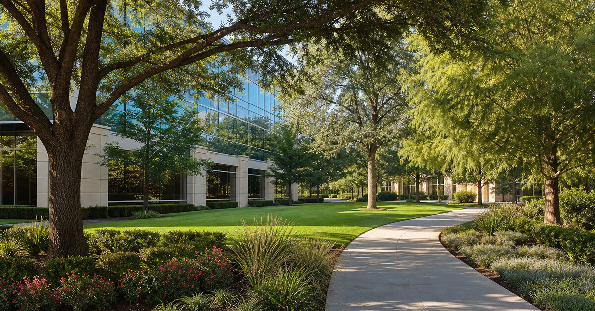 Healthy mature trees and maintained grounds at a DFW commercial office campus