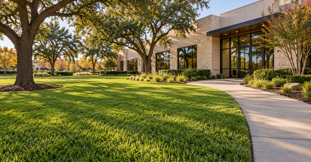 A broad commercial lawn beside a curved walkway leading to a landscaped office entrance.