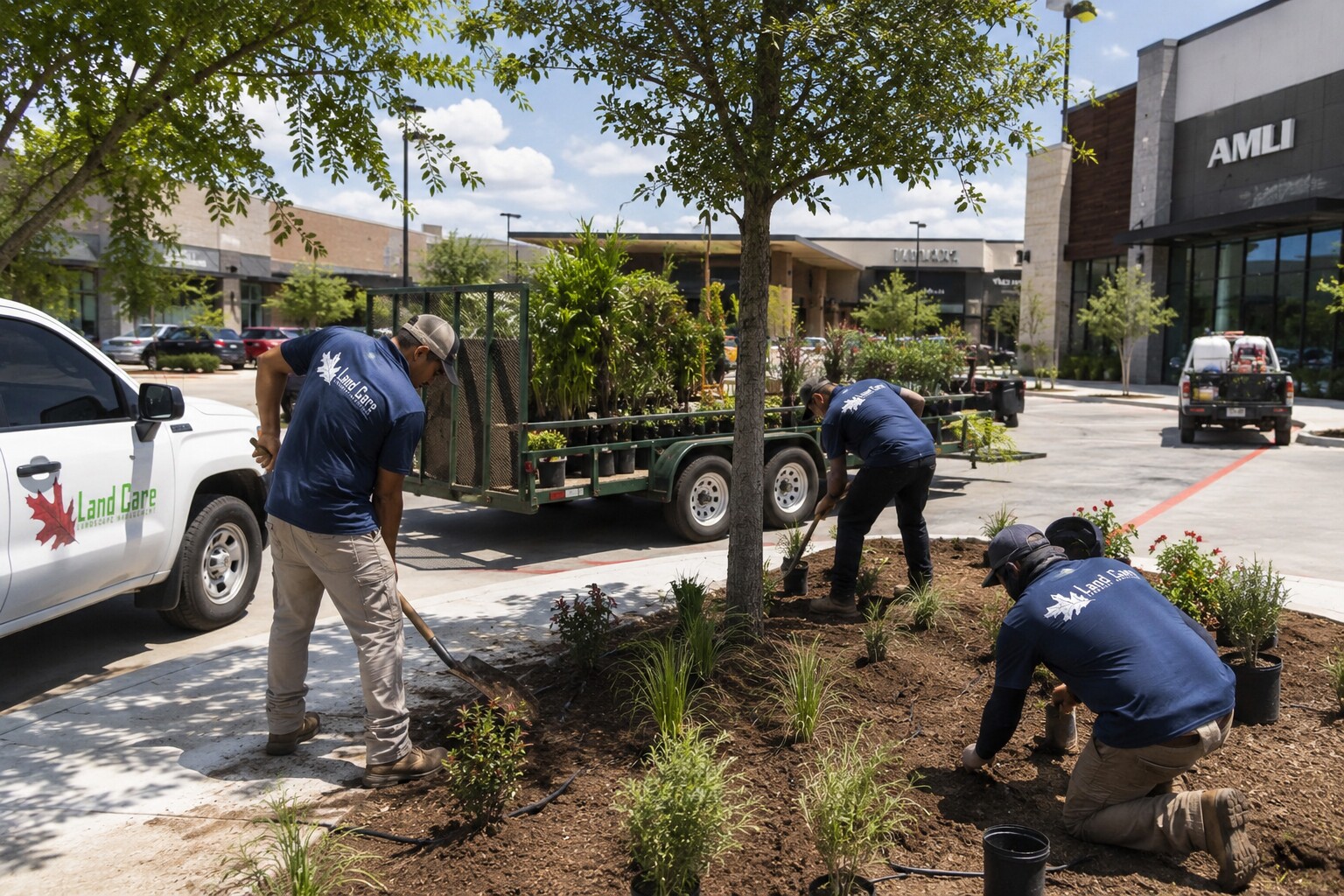 Land Care crew working together on a commercial property in the DFW Metroplex