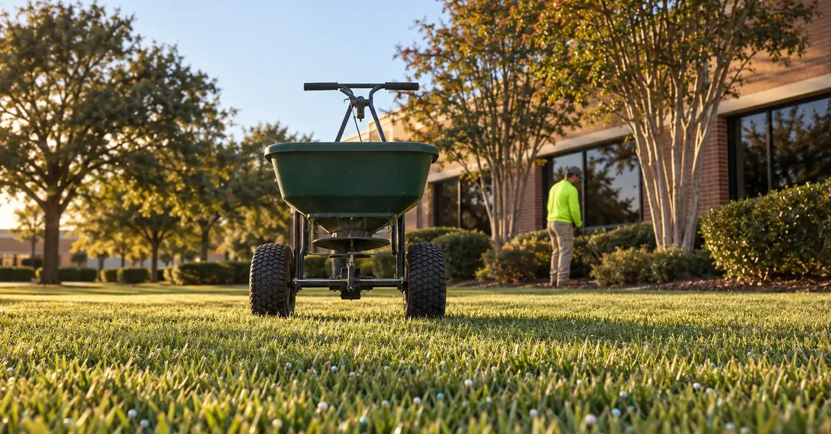 Commercial push spreader on Bermuda lawn in October light, illustrating a North Texas fall fertilization schedule