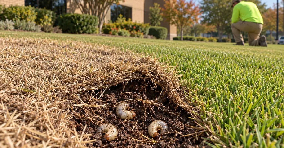 White grubs exposed under peeled-back dead bermudagrass on a North Texas commercial lawn in fall, showing grub damage