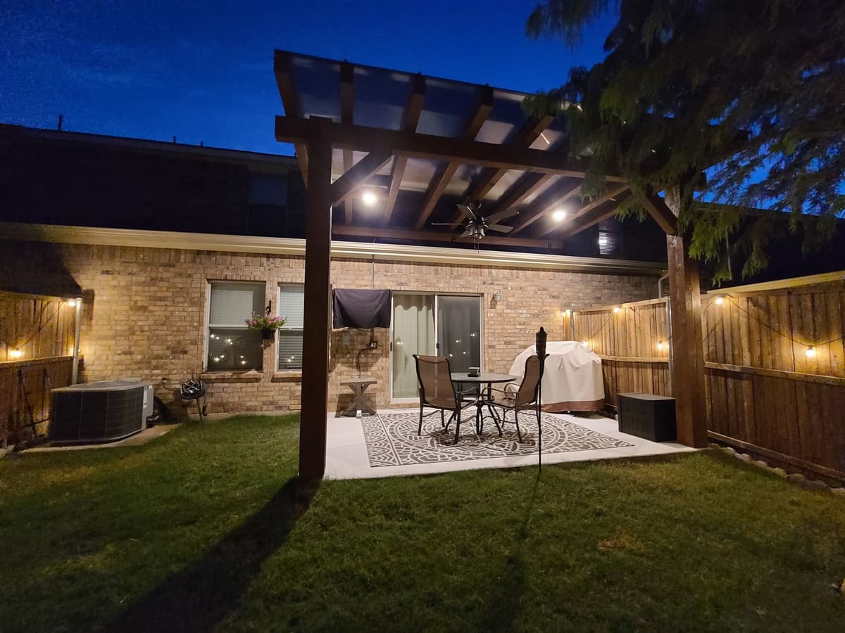 Backyard pergola lighting night