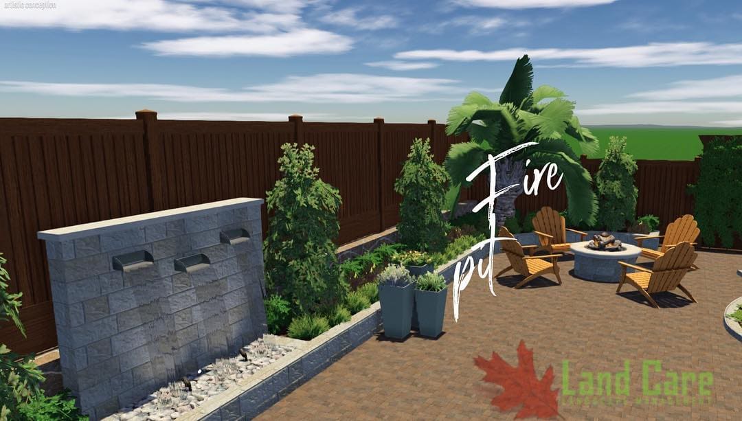 3D rendering of a fire pit patio with a stone water feature and privacy fence