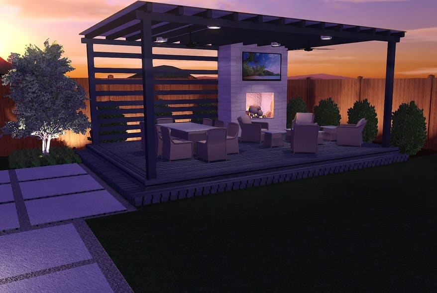 3D rendering of a covered deck with a fireplace, mounted TV, and dining and lounge seating at dusk