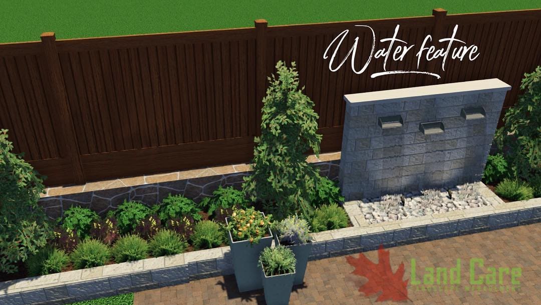 3D rendering of a stone water feature with accent lighting and a planting bed