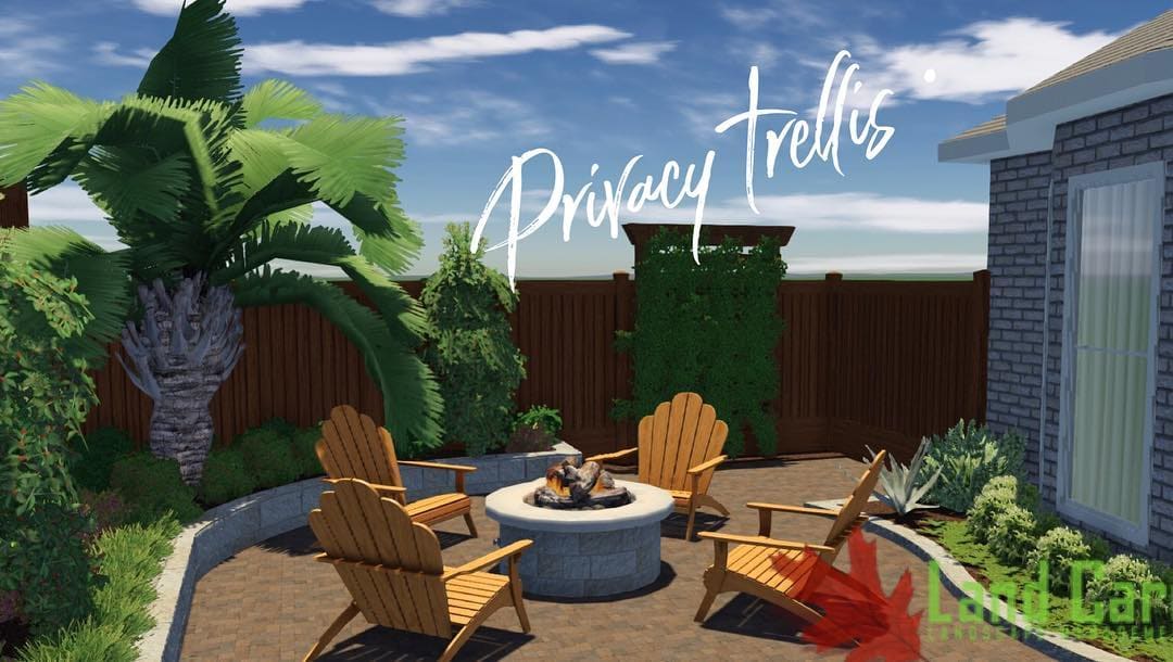 3D rendering of a private patio with fire pit seating and a privacy trellis