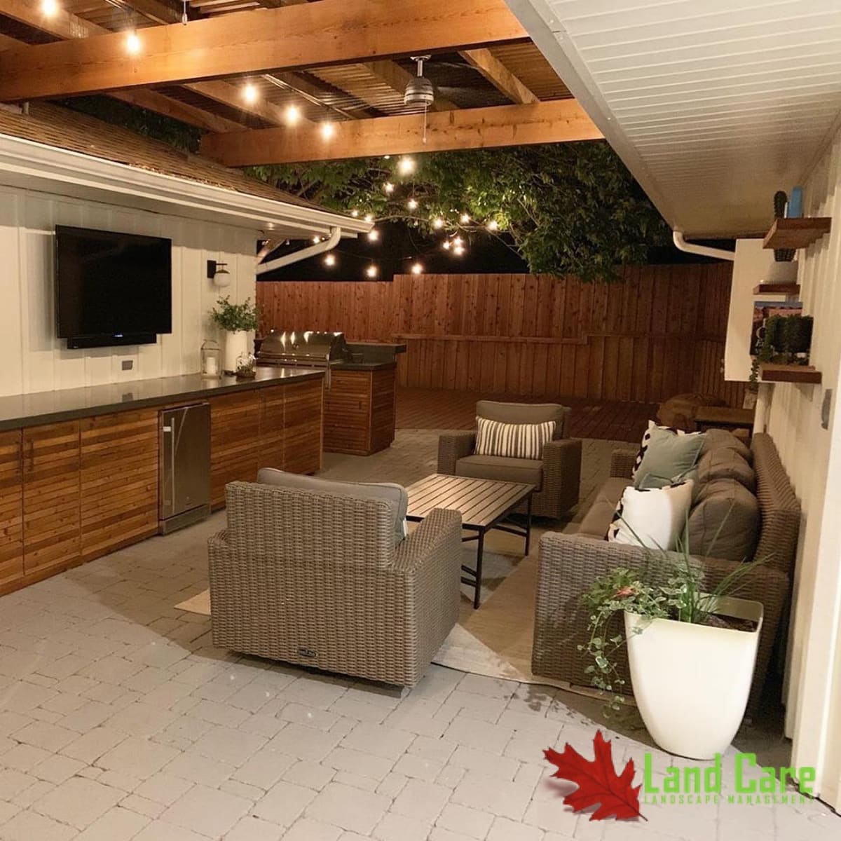Covered outdoor kitchen night