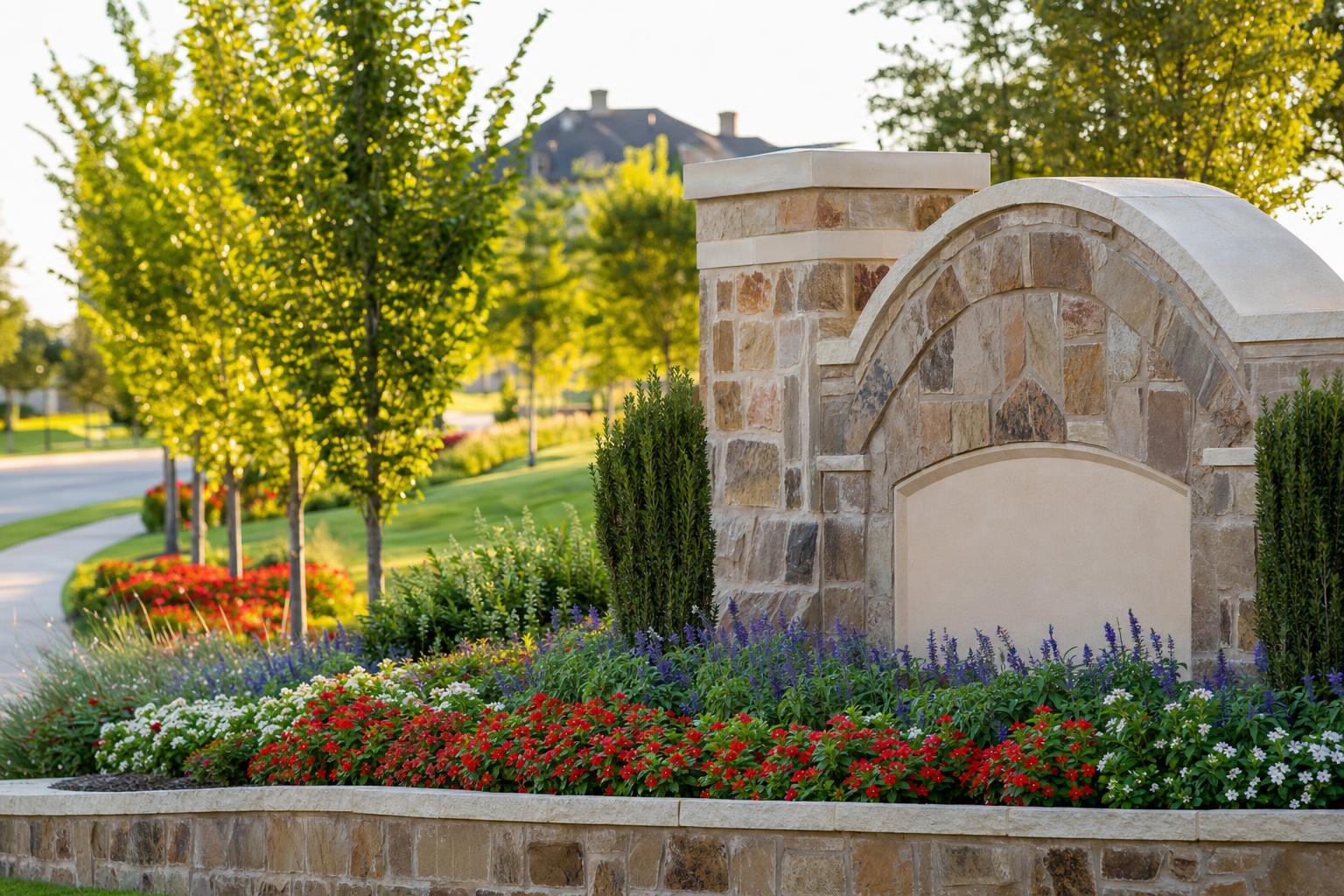 Landscaped community entrance monument with seasonal color beds in Flower Mound, TX