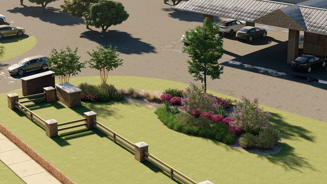 Aerial 3D rendering of a commercial landscape plan showing an entrance monument, plantings, and parking lot