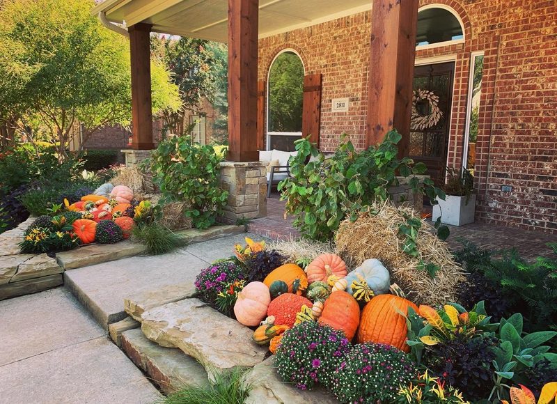Well-kept lawn and seasonal plantings at a home entrance