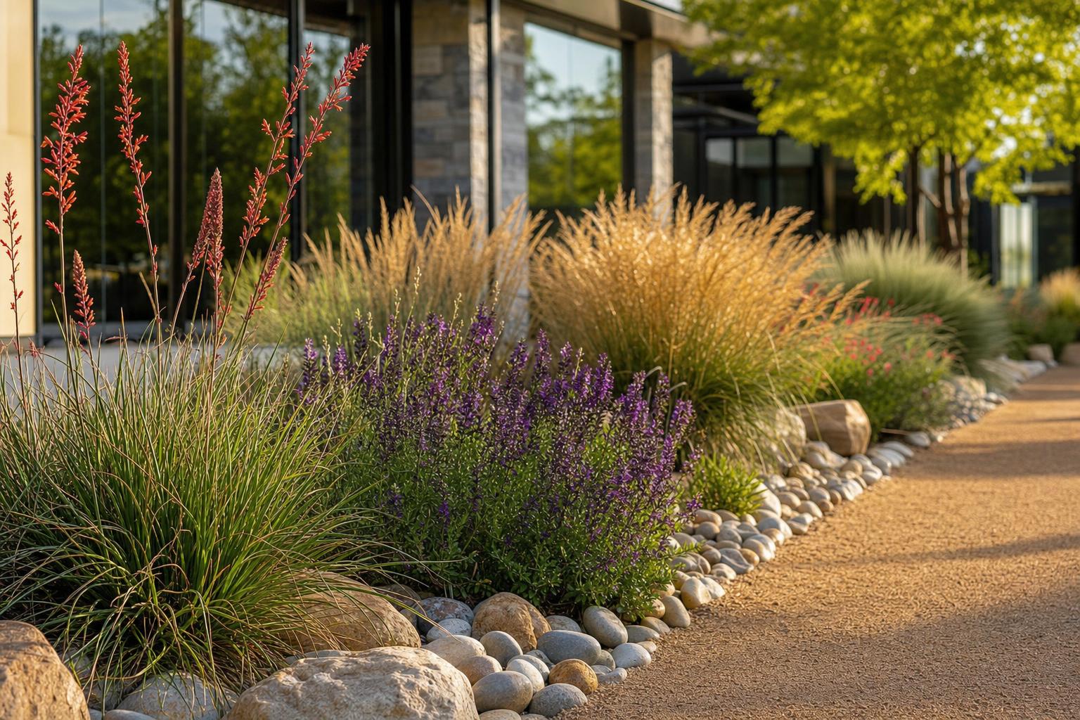Water-wise xeriscape bed with native Texas grasses and stone