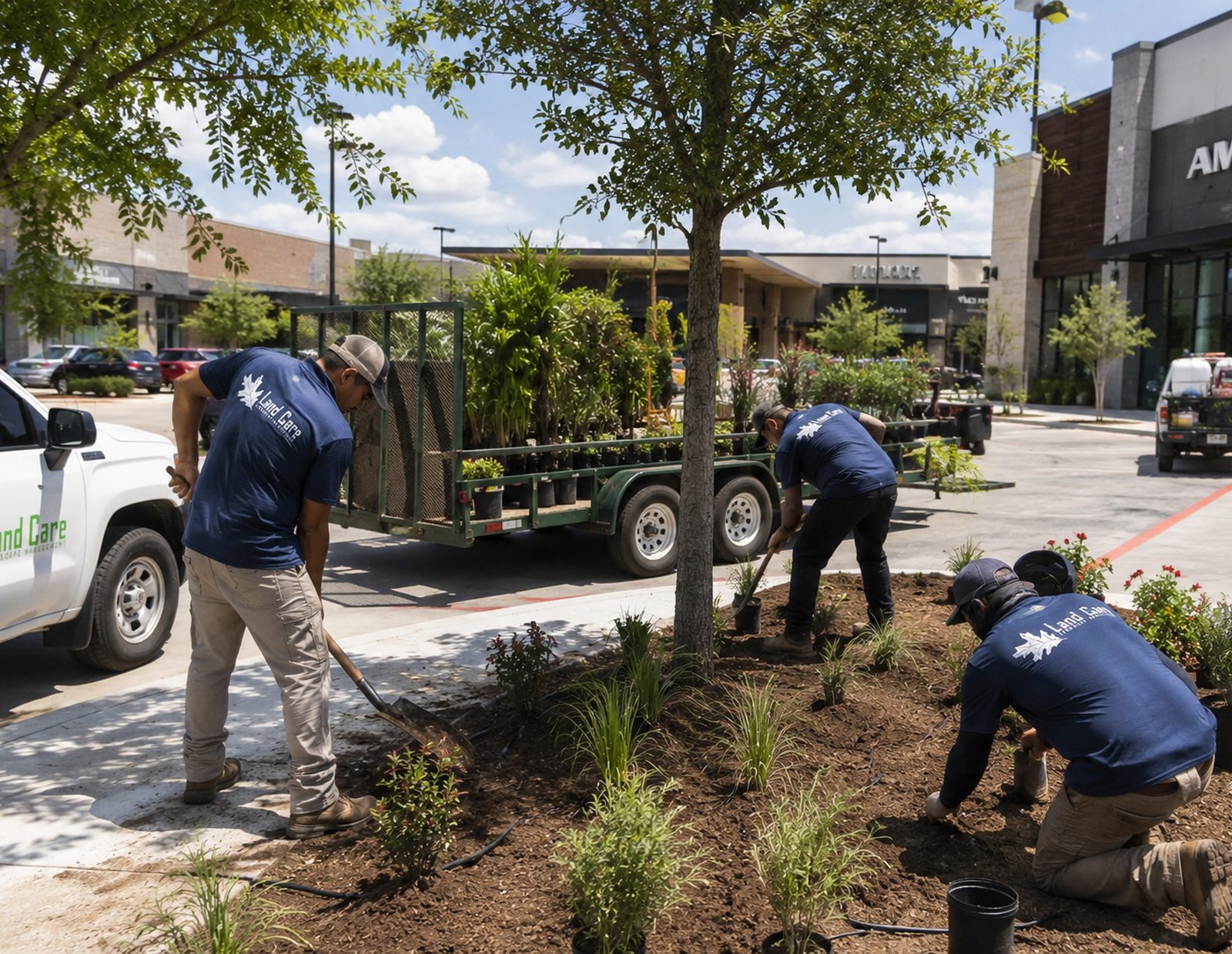 Land Care Landscape Management crew installing new plantings at a commercial retail center in the DFW Metroplex