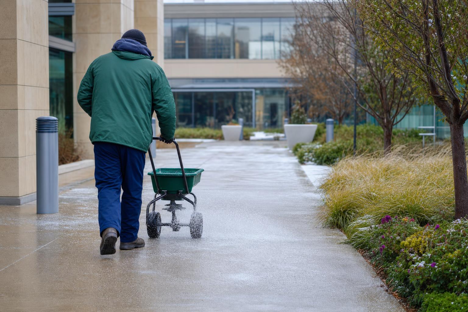 Crew spreading ice melt across a commercial entry plaza before a winter storm