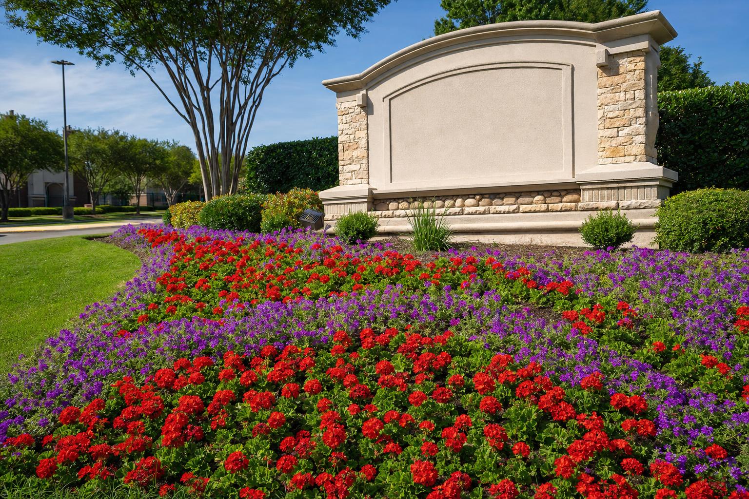 Fall seasonal color display with pumpkins and mums at a property entrance