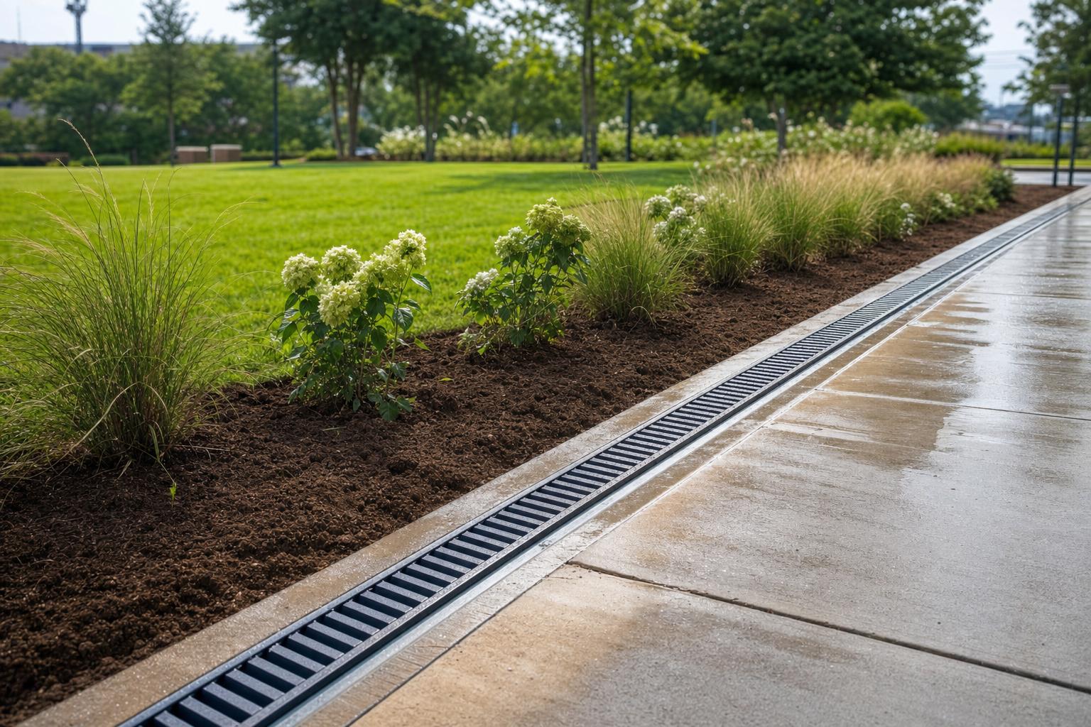 Newly graded lawn area with a channel drain installed along a commercial walkway