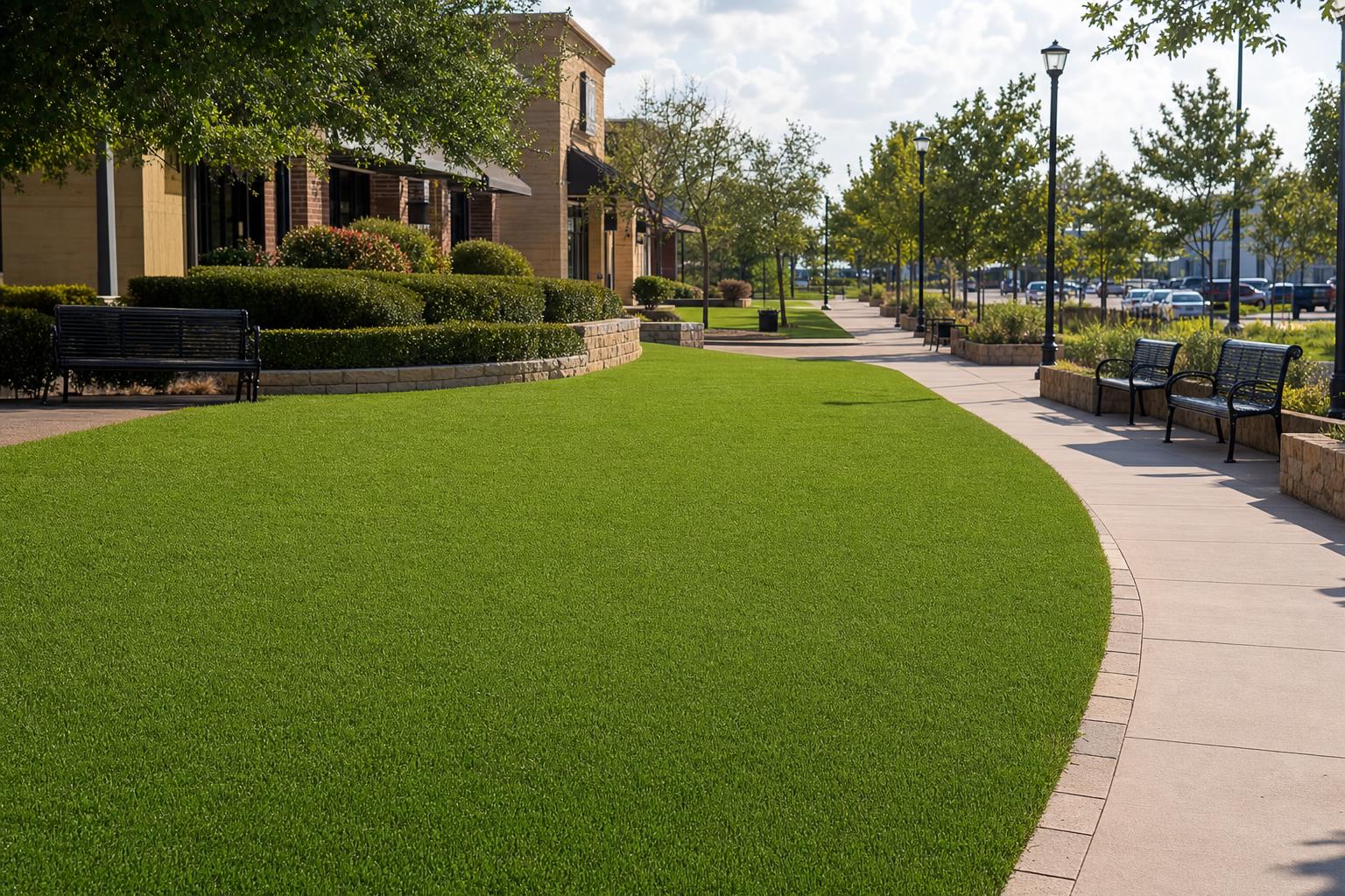 Pristine mound-free lawn beside a commercial walkway and seating area