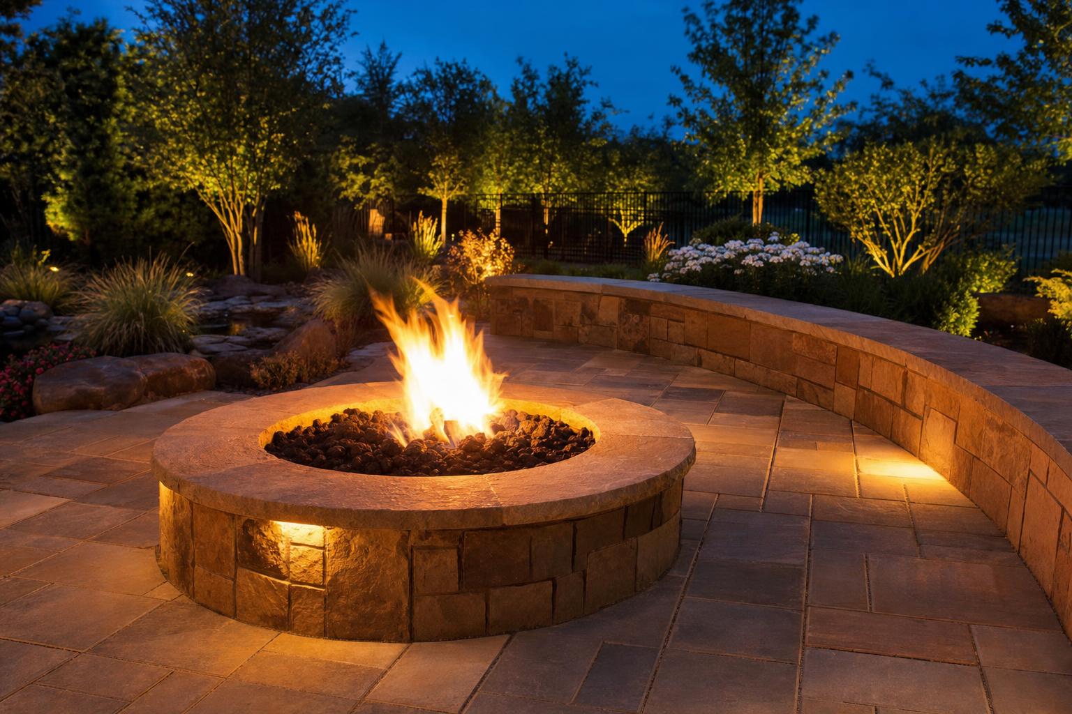 Stone fire pit burning at dusk surrounded by a curved seating wall on a paver patio