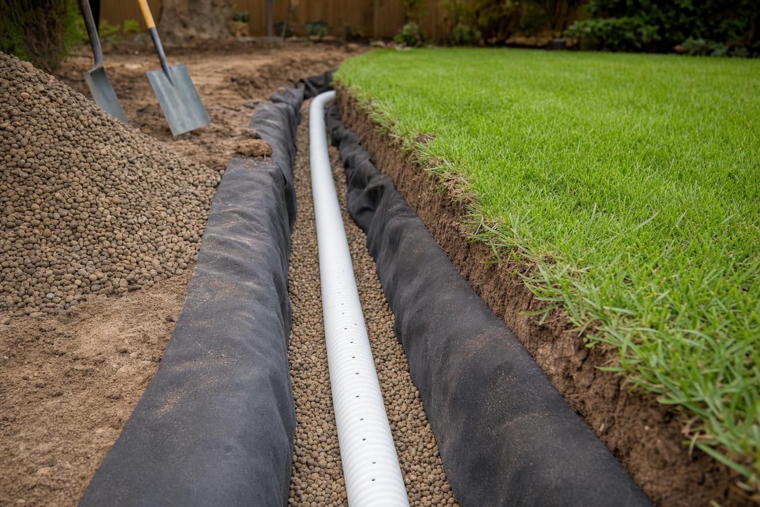 French drain trench with perforated pipe and washed gravel being installed along a property line