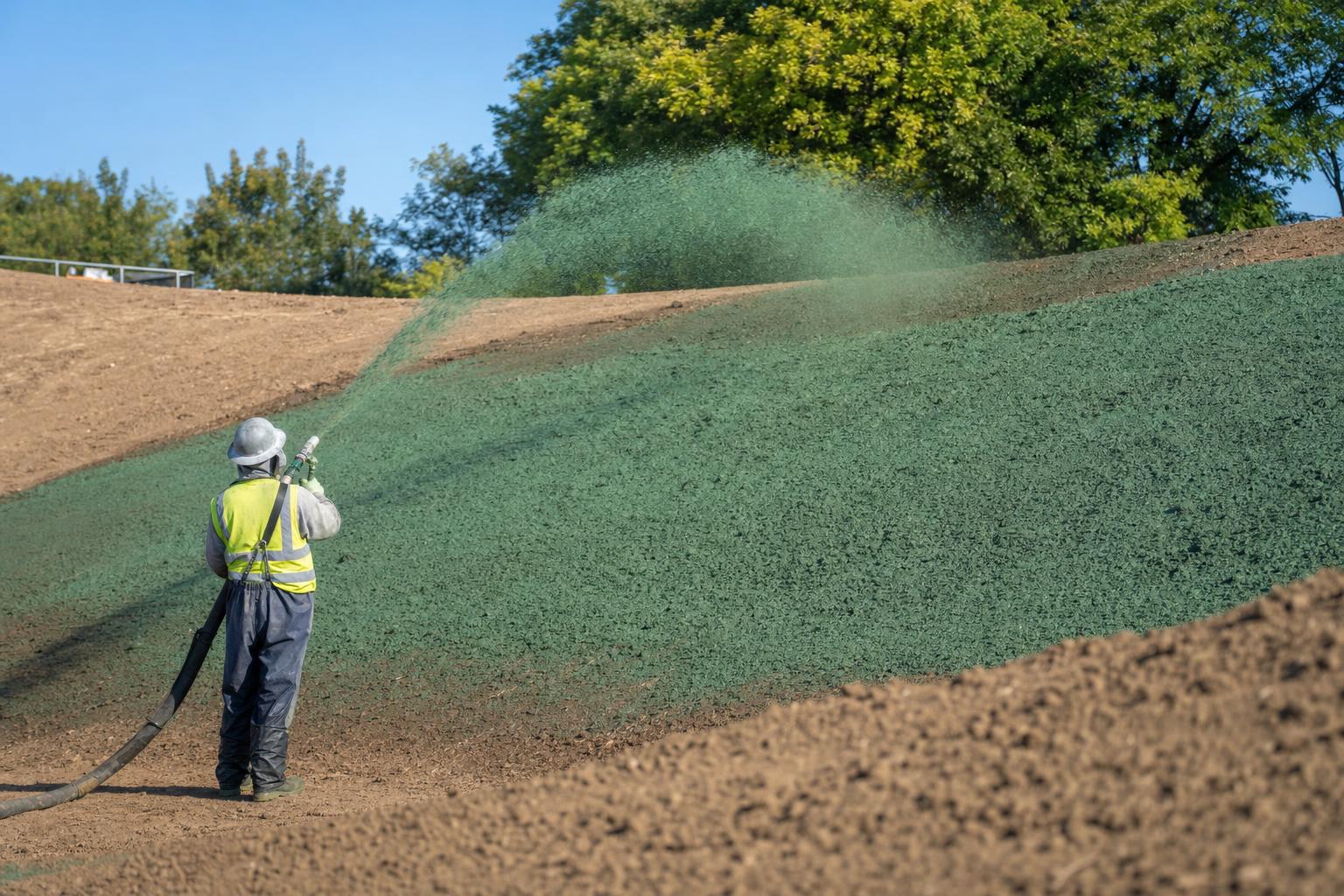 Hydroseeding slurry being sprayed across a graded slope for turf establishment