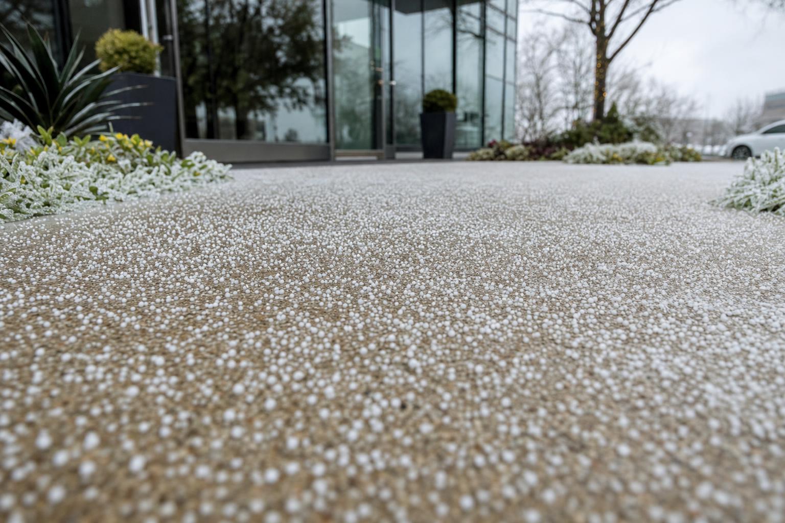 White ice melt granules spread across a commercial entry walkway before a winter storm