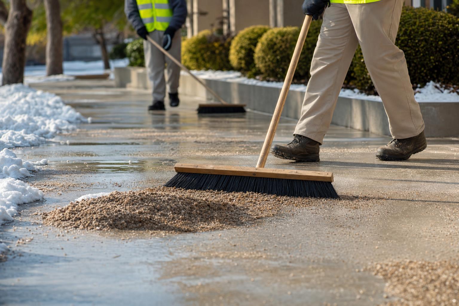 Crew sweeping and collecting sand from a commercial walkway after an ice event thaw