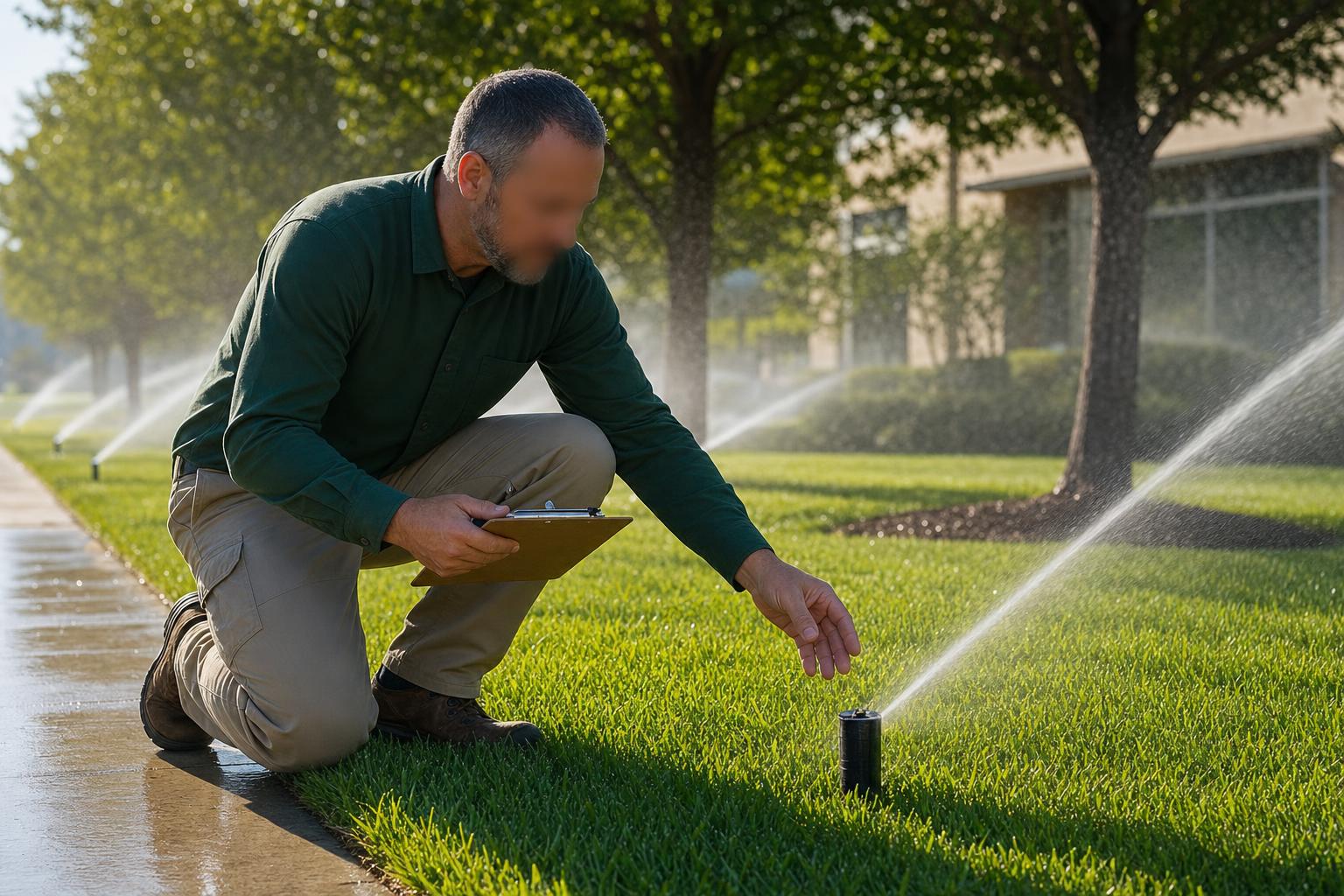 Irrigation technician inspecting a running sprinkler zone on a commercial property