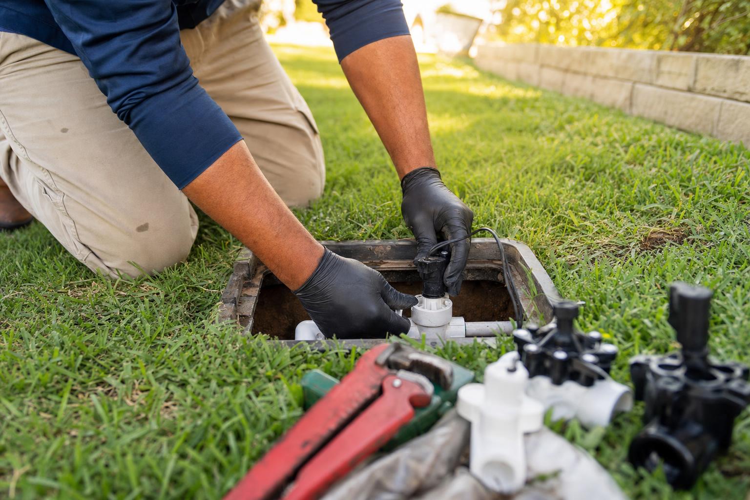Technician repairing an irrigation valve in an open valve box on commercial grounds