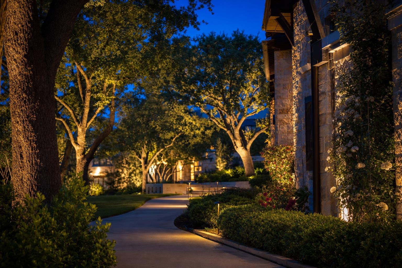 Landscape uplighting illuminating mature trees and a stone facade at dusk