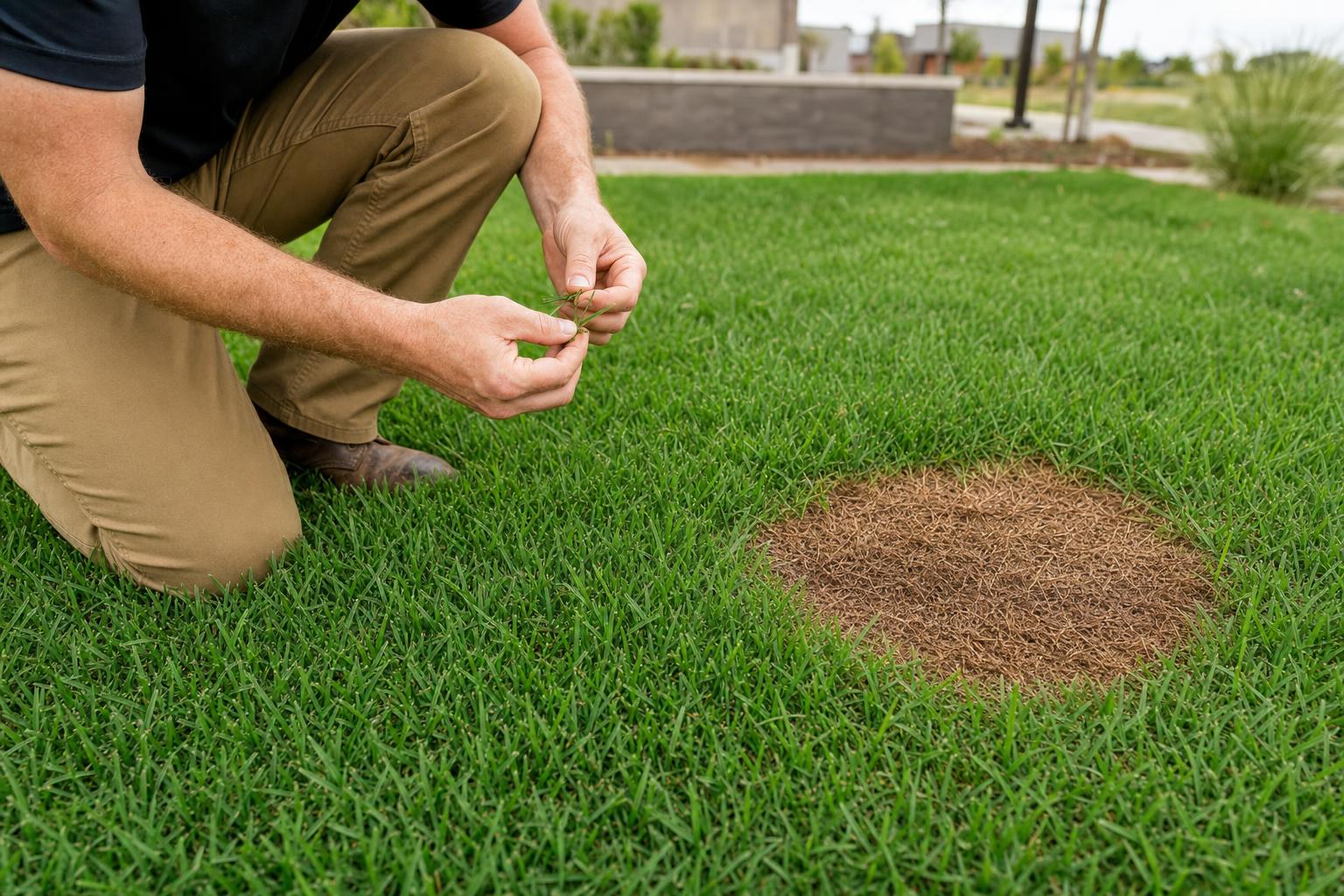 Lawn technician inspecting turf blades for early signs of fungal disease