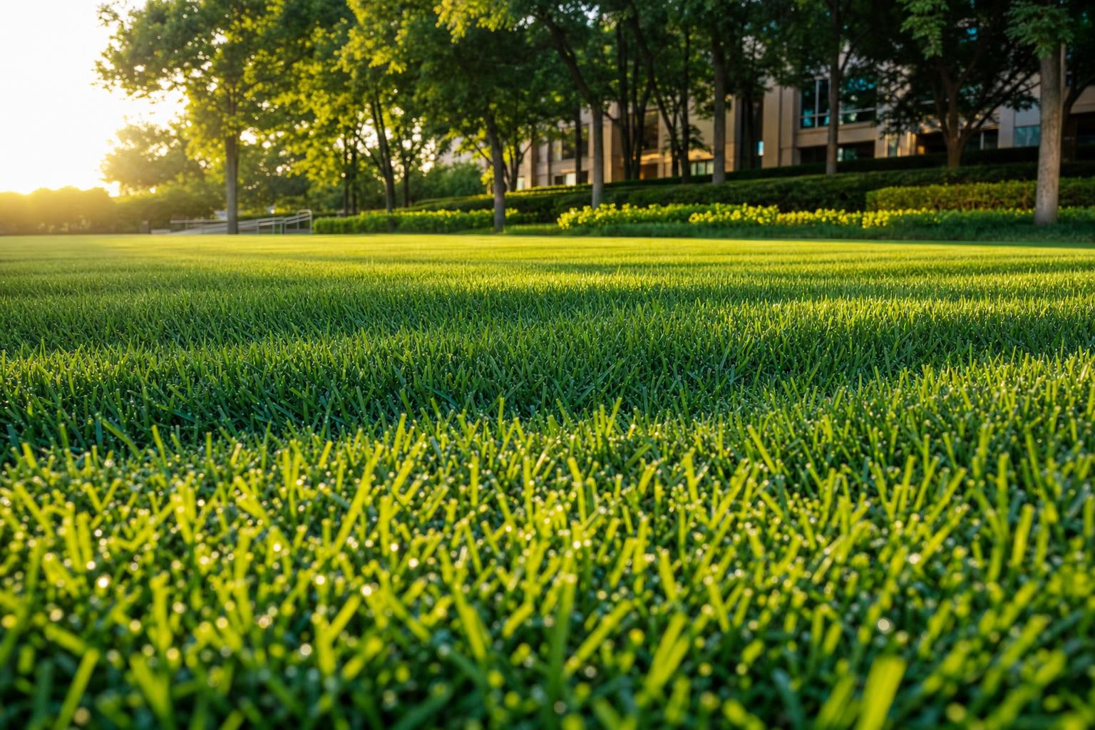 Deep green, dense fertilized lawn stretching across a commercial property