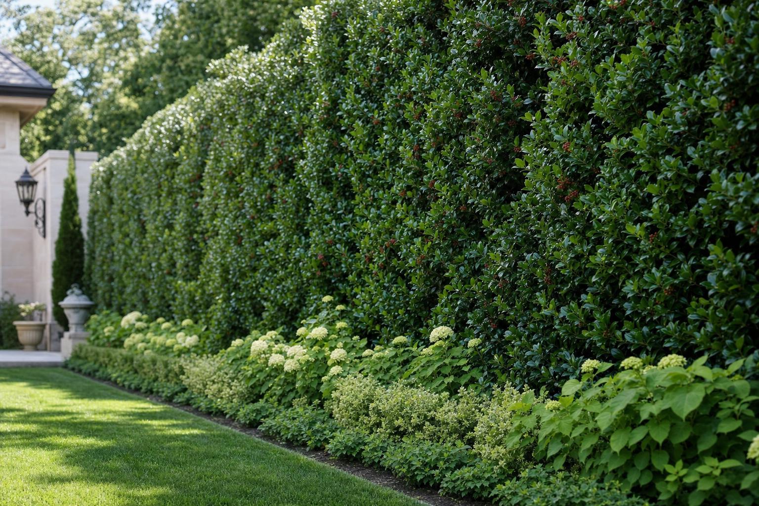 Dense evergreen privacy hedge forming a tall living screen along a property line