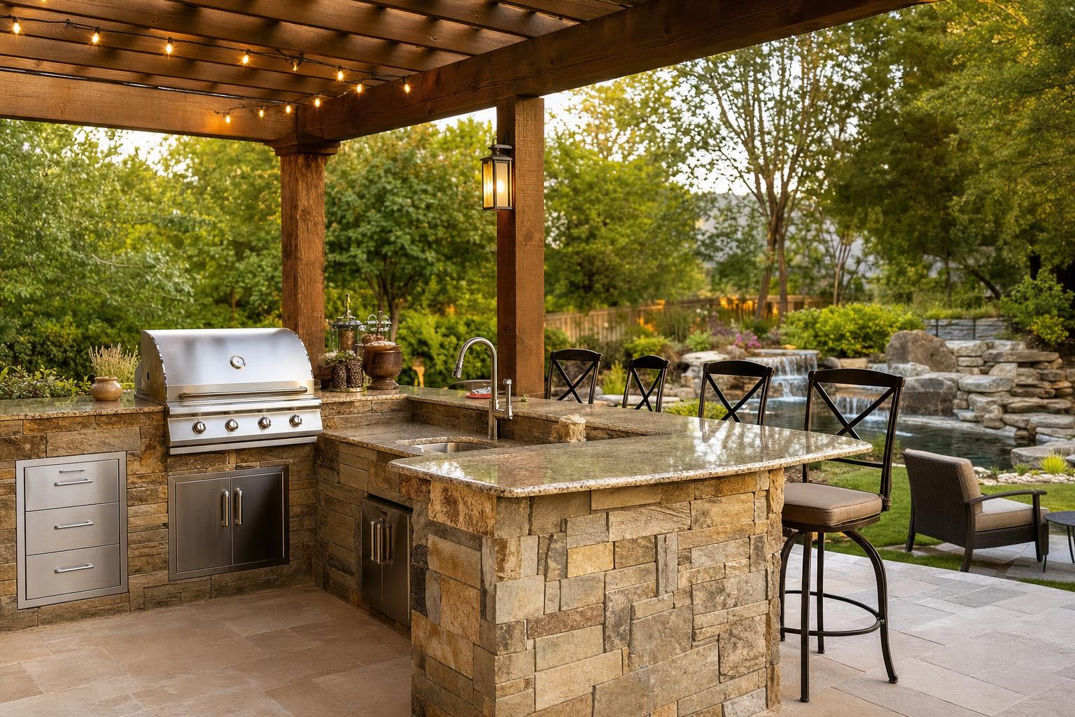 Stone outdoor kitchen with built-in grill and bar seating under a cedar pergola