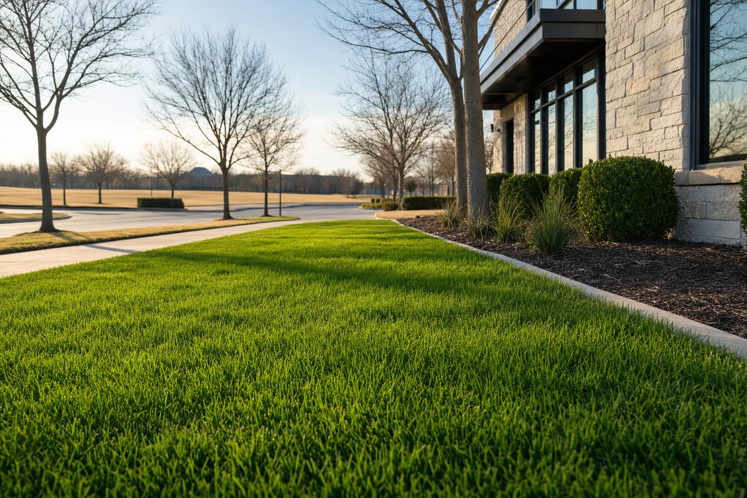 Vivid green winter rye lawn at a commercial property while surrounding turf is dormant