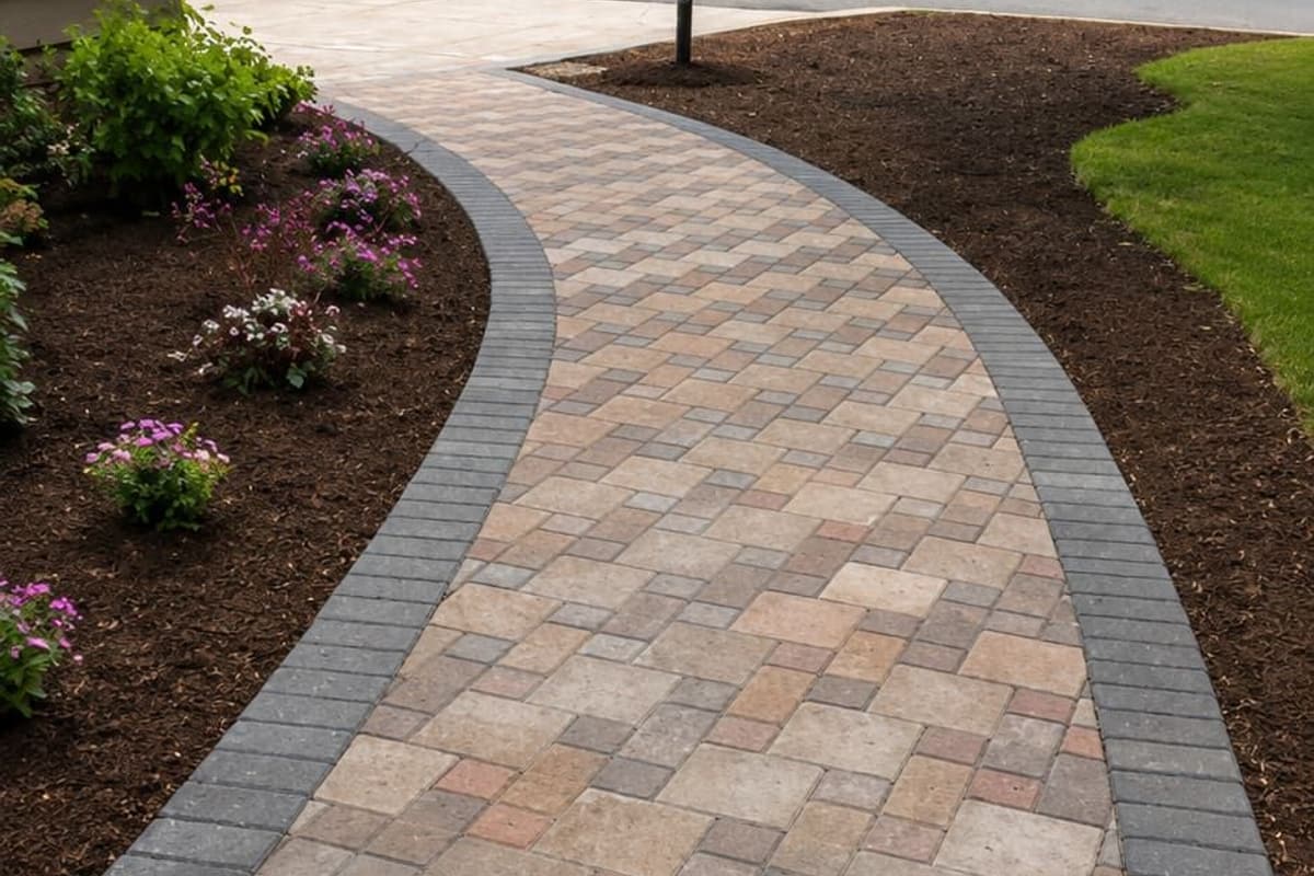 Natural stone patio with tight joints and clean borders in a landscaped backyard