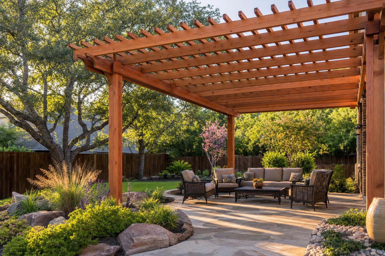 Custom cedar pergola casting filtered shade over a stone patio seating area