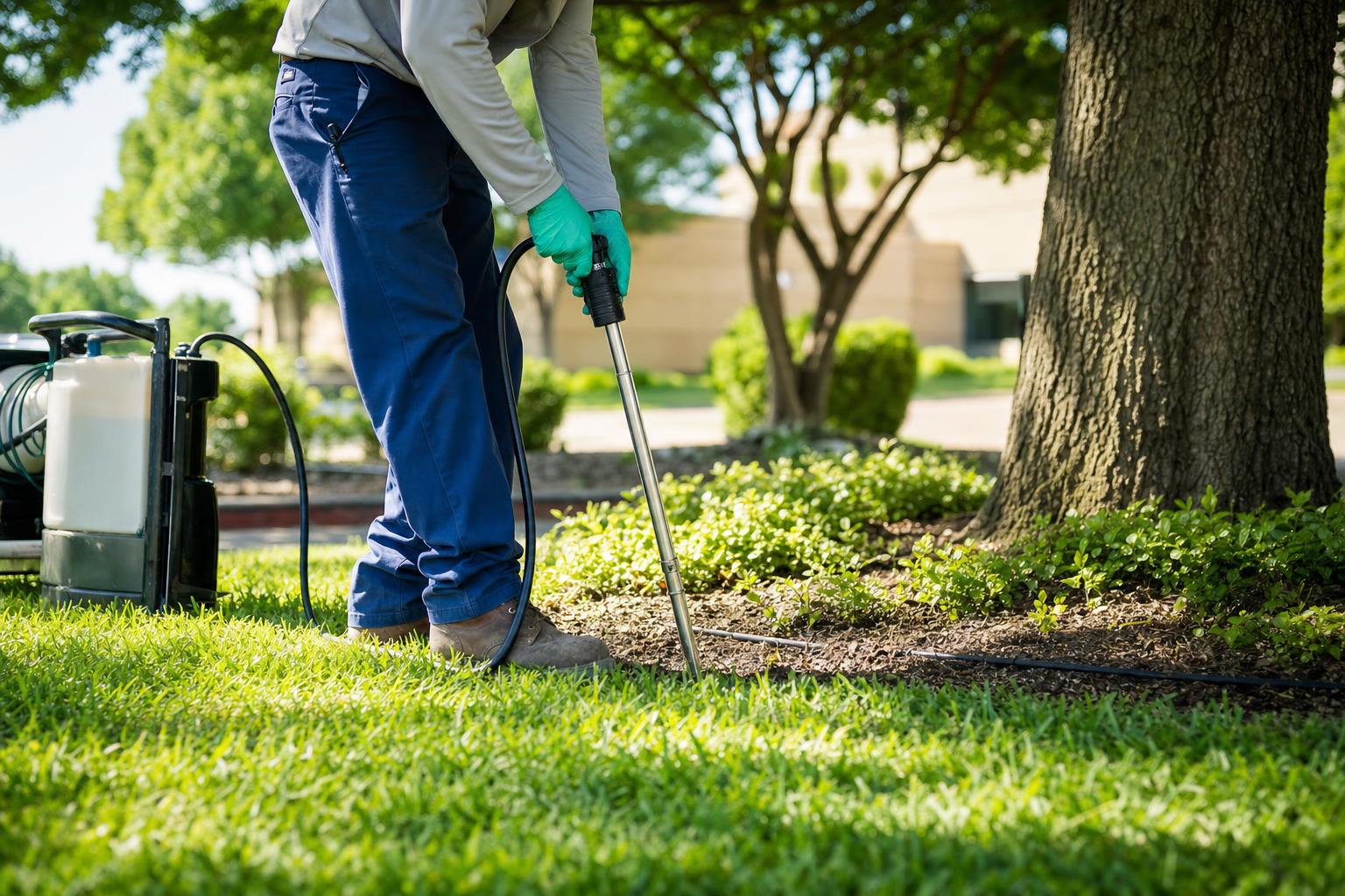 Technician performing deep root fertilization injections around a mature tree