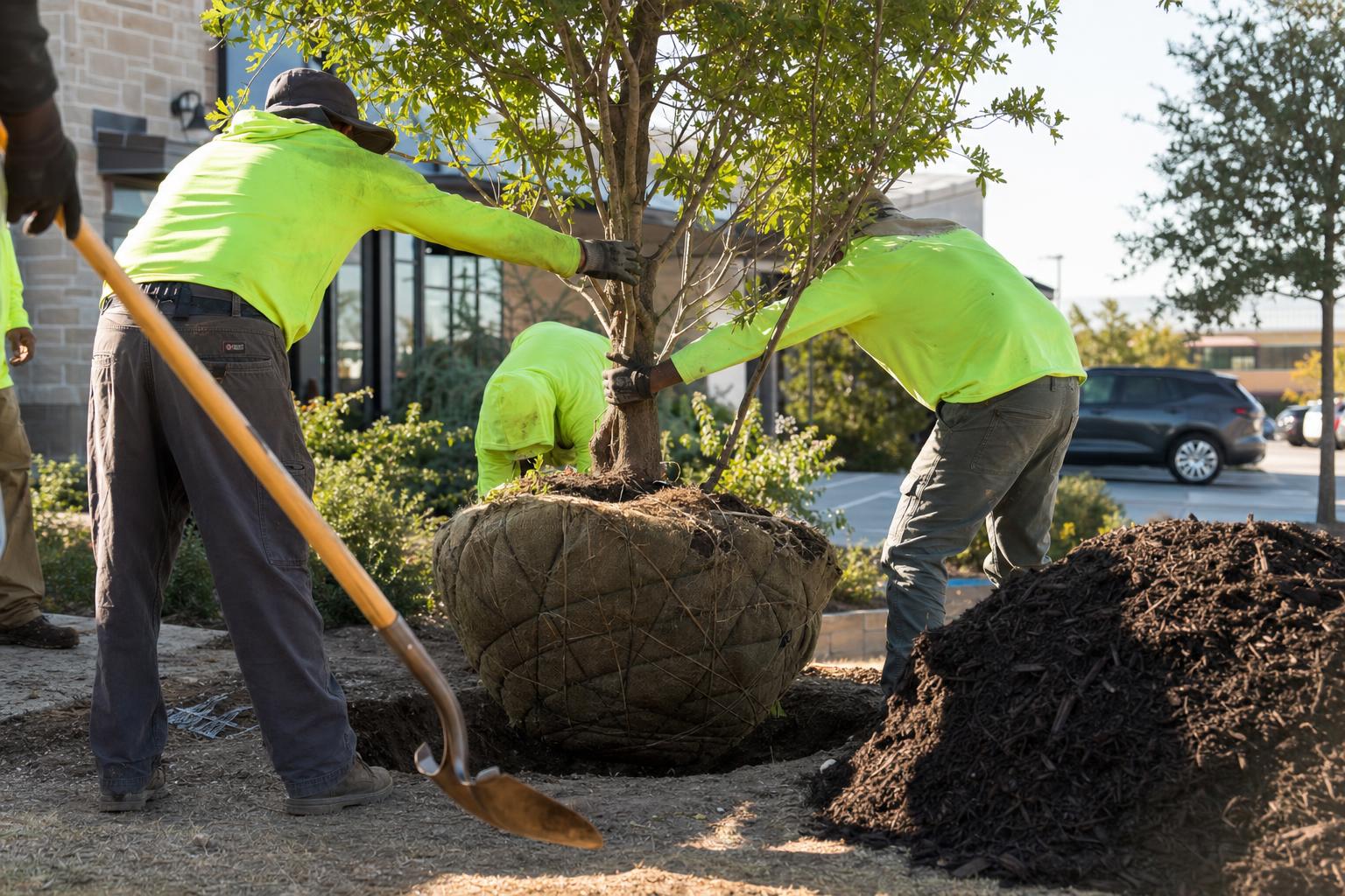 Crew setting a large new shade tree into a planting hole with root flare at grade