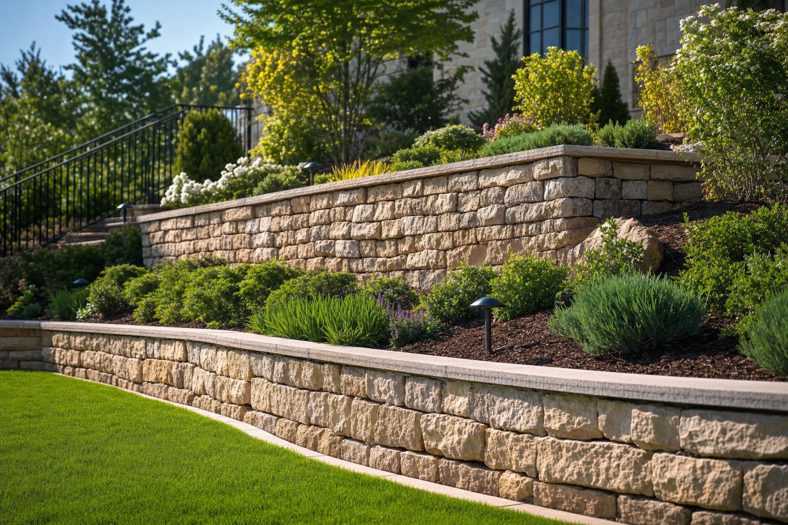 Terraced natural stone retaining walls holding a landscaped slope