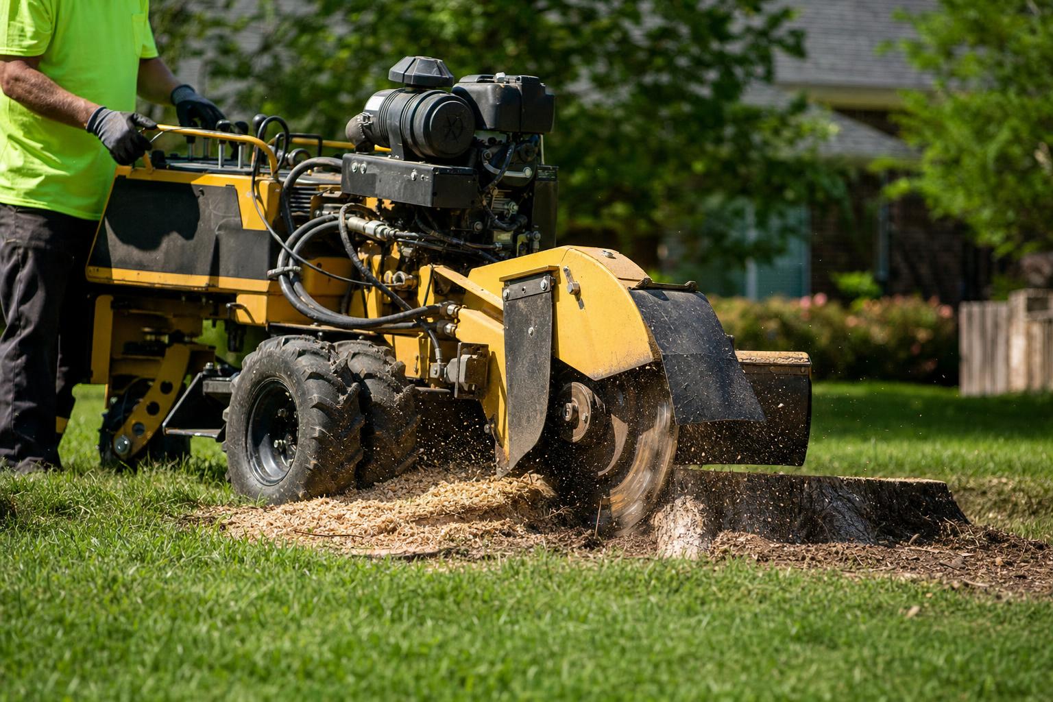 Stump grinder machine grinding a large stump below grade in a lawn