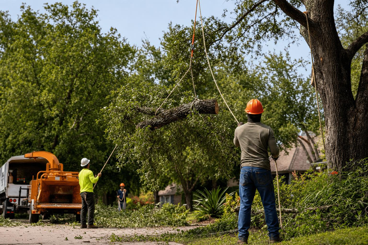 Tree crew removing a large limb in controlled sections with rigging ropes