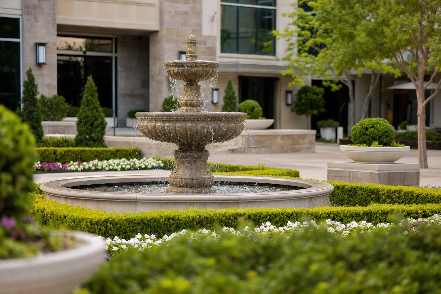 Tiered stone fountain running at a landscaped commercial entry courtyard