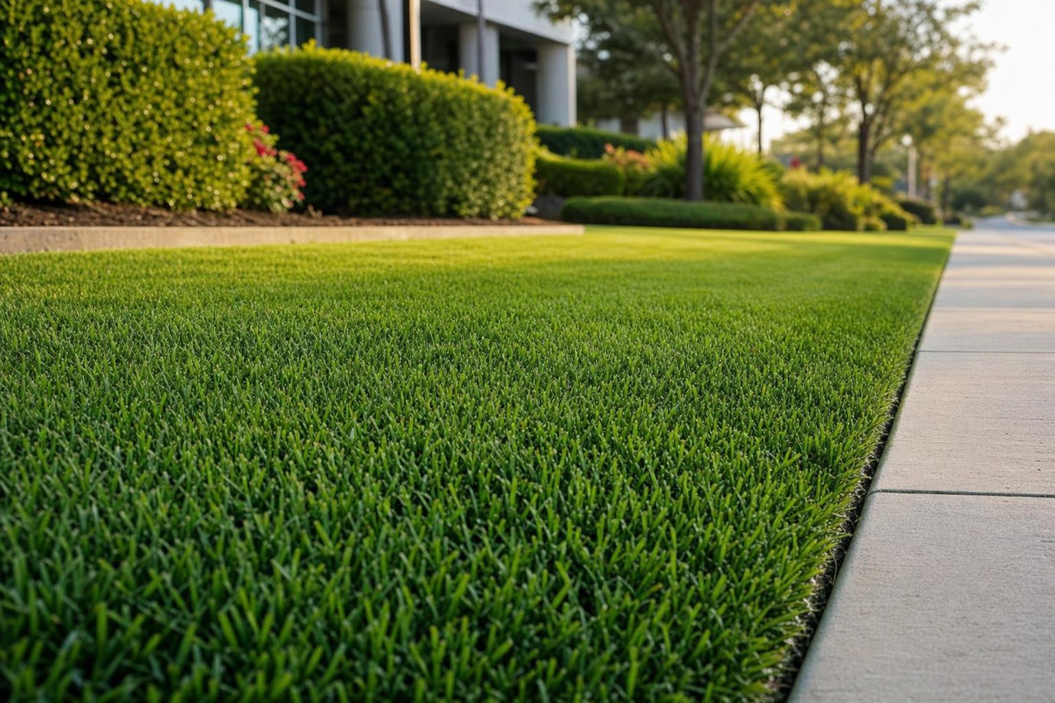 Uniform weed-free lawn with a clean edge along a commercial sidewalk