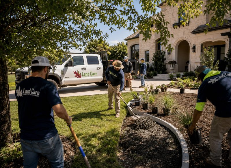Land Care crew maintaining landscape beds at a property